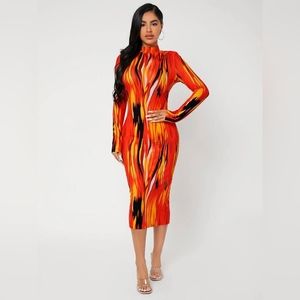 Brush Print Long Sleeve Bodycon Midi Dress